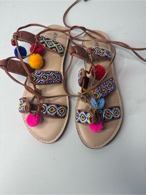 JustFab Multicolor Beaded Pom Pom Lace-Up Sandals - Brown